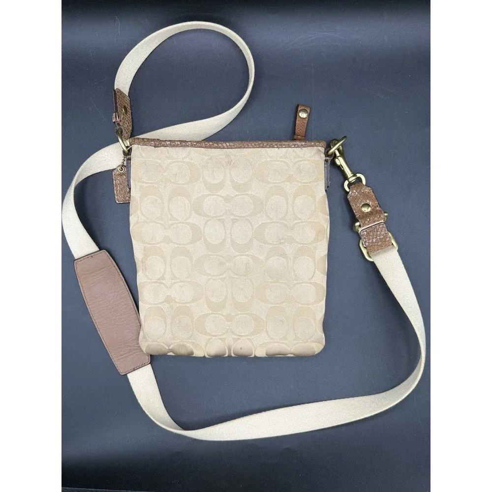 COACH Peyton Signature Khaki Canvas Snakeskin Python Turnlock Swing Pack Bag